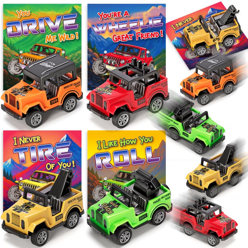 Ellinjan Valentines Day Gifts for Kids Classroom School, 24 Packs Valentines Day Card with Pull Back Car Toys, Off-Road Cars for Valentine Party Favor Prizes Stuffers, Ideal Exchange Gift for Boys Girls - Image 1