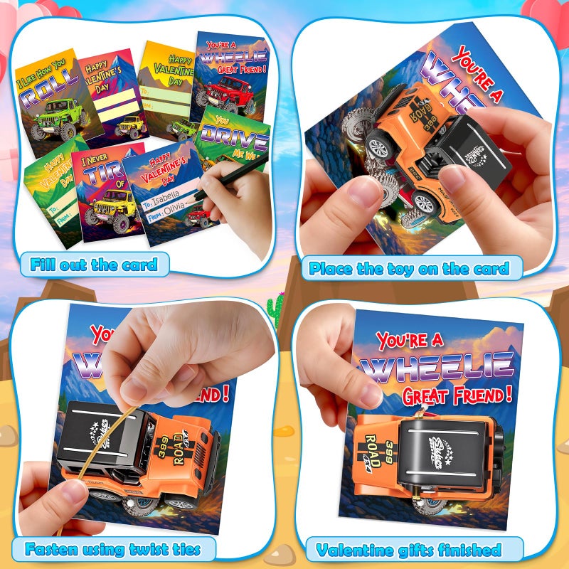 Ellinjan Valentines Day Gifts for Kids Classroom School, 24 Packs Valentines Day Card with Pull Back Car Toys, Off-Road Cars for Valentine Party Favor Prizes Stuffers, Ideal Exchange Gift for Boys Girls - Image 4