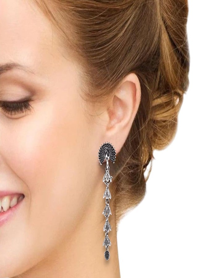 Elleva Peacock Earrings for Women Stylish | Long Jhumkas Traditional Oxidised Earrings for Girls | Festival Diwali Gifts, Navratri Jhumka, Karwachauth Jewellery Set (Pack of 1) - Image 2