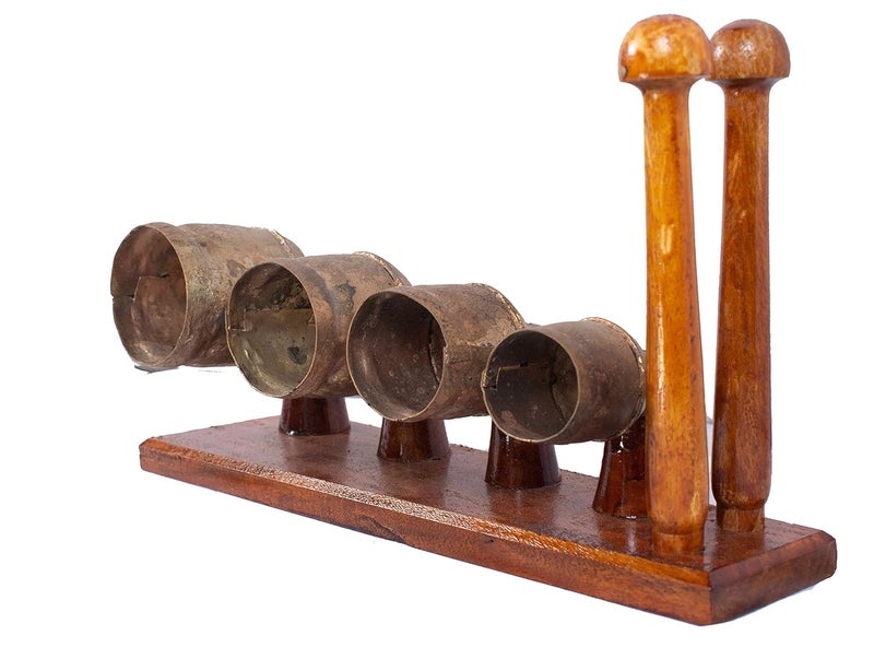 Ethnics of Kutch Ethnics of Kutch Hand Made Metal Bells Wrought Iron CopperZinc Coated Home Dcor Chimes Cow Bell Sa Re Ga Ma Bell Instrument 4 Bells 31 cms Length Colour Copper BEL0029 - Image 1