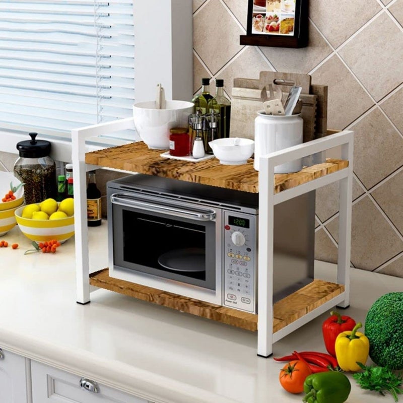 HIRVALL HIRVALL Retractable Microwave Stand Countertop Extendable Microwave Oven Rack Mild Steel and Solid Acacia Wood Microwave Shelf Countertop Contains 2Tier White  - Image 2