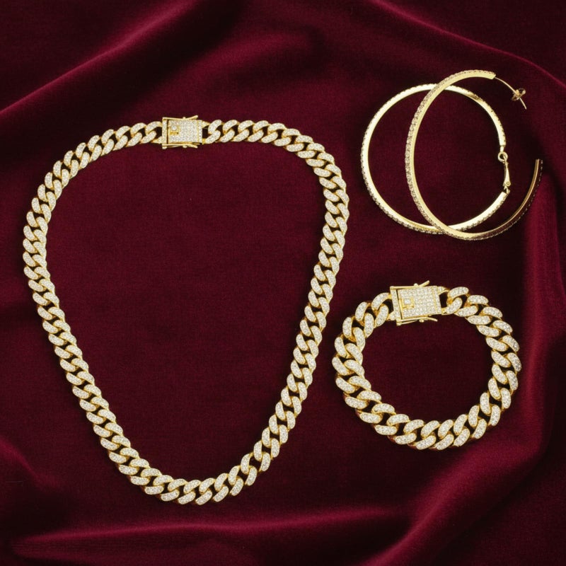Batiyeer 3 Pcs Cuban Link Chain Necklace Bracelet Rhinestone Hoop Earrings Bling Crystal Hip Hop Jewelry for Women(20 Inch,Gold) - Image 3