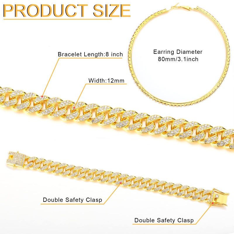 Batiyeer 3 Pcs Cuban Link Chain Necklace Bracelet Rhinestone Hoop Earrings Bling Crystal Hip Hop Jewelry for Women(20 Inch,Gold) - Image 5