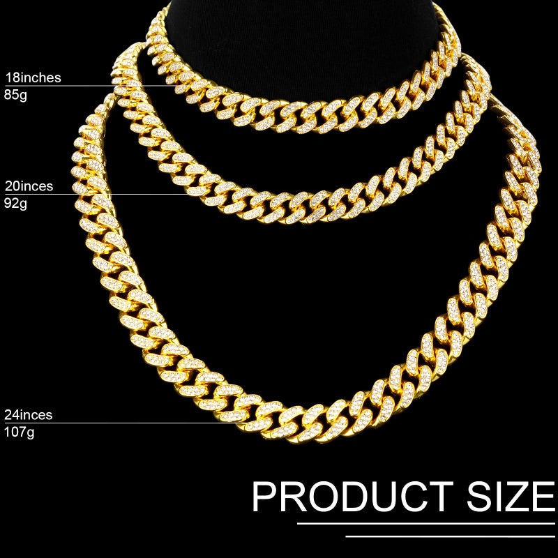 Batiyeer 3 Pcs Cuban Link Chain Necklace Bracelet Rhinestone Hoop Earrings Bling Crystal Hip Hop Jewelry for Women(20 Inch,Gold) - Image 4