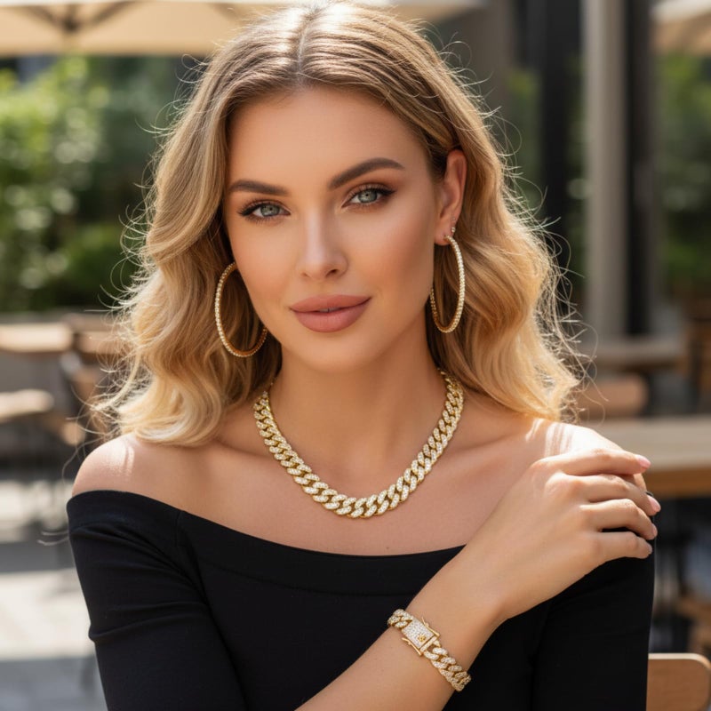 Batiyeer 3 Pcs Cuban Link Chain Necklace Bracelet Rhinestone Hoop Earrings Bling Crystal Hip Hop Jewelry for Women(20 Inch,Gold) - Image 2