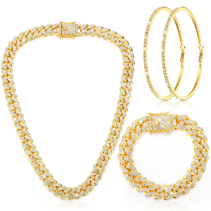 Batiyeer 3 Pcs Cuban Link Chain Necklace Bracelet Rhinestone Hoop Earrings Bling Crystal Hip Hop Jewelry for Women(20 Inch,Gold) - Image 1