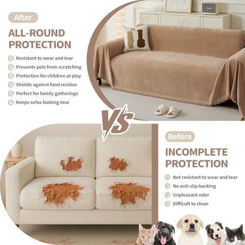 KaviKon Couch Cover for Dogs, Boho Sofa Covers for 3 Cushion Couch, Chenille Sofa Slipcover for Pets Washable, L-Shape Sectional Couch Loveseat Cover Soft Throw Blankets with Tassels(71x118,Khaki) - Image 3