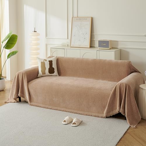 KaviKon Couch Cover for Dogs, Boho Sofa Covers for 3 Cushion Couch, Chenille Sofa Slipcover for Pets Washable, L-Shape Sectional Couch Loveseat Cover Soft Throw Blankets with Tassels(71x118,Khaki) - Image 1