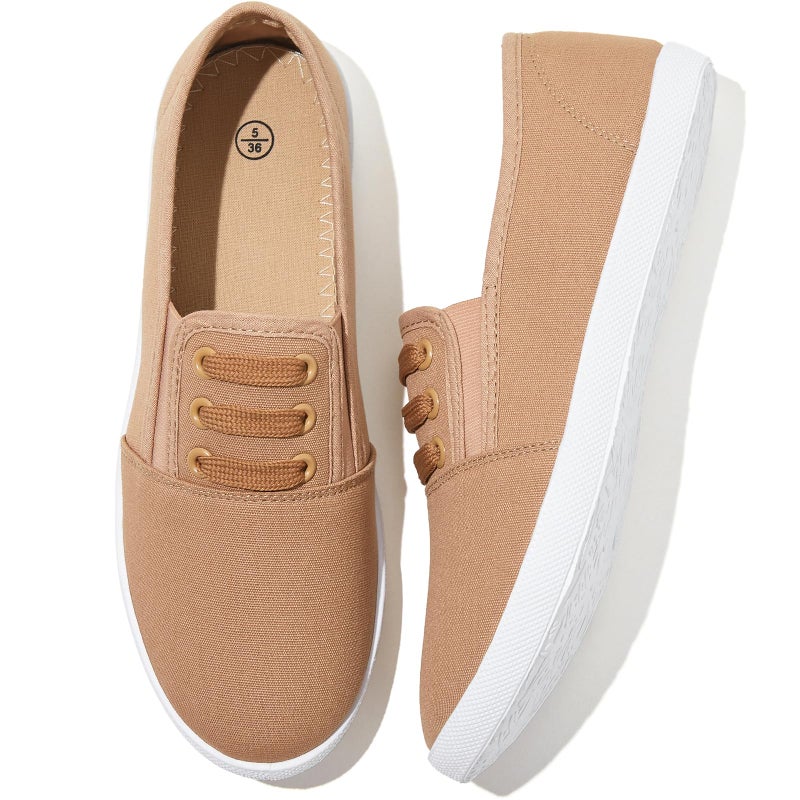 Shupua Women's Canvas Slip on Sneakers Casual Slip on Walking Shoes Womens Tennis Shoes Flat Dress Shoes Non Slip Work Shoes(Khaki.us7) - Image 1