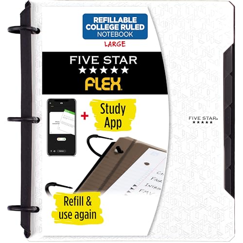 Five Star Flex Refillable Notebook Study App College Ruled Paper and 1 Inch TechLock Ring Binder with Pockets Tabs and Dividers 200 Sheet Capacity White 29328AE2