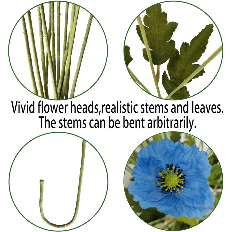 ATFL Blue Poppy Flowers Artificial for Wedding Decorations,12 Pcs Fake Faux Silk Poppies Bulk for Home Decor Table Centerpieces Floral Arrangement(23.5â€˜â€™, Blue) - Image 3