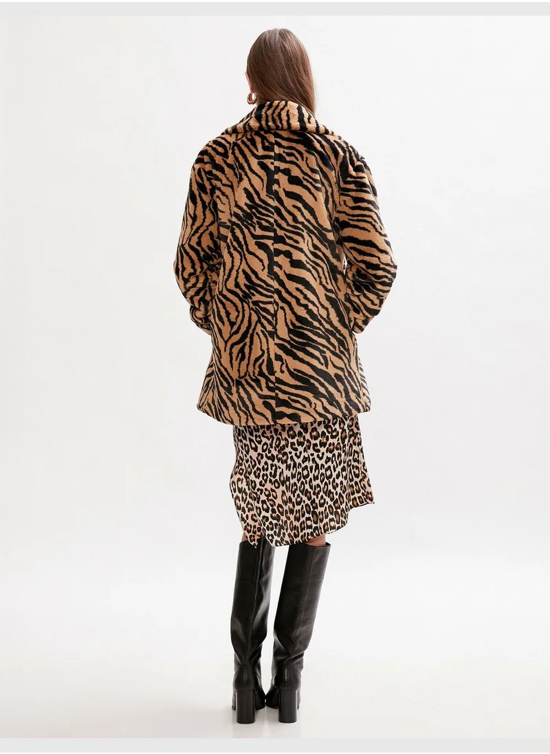 KOTON Zebra Patterned Faux Fur Coat
