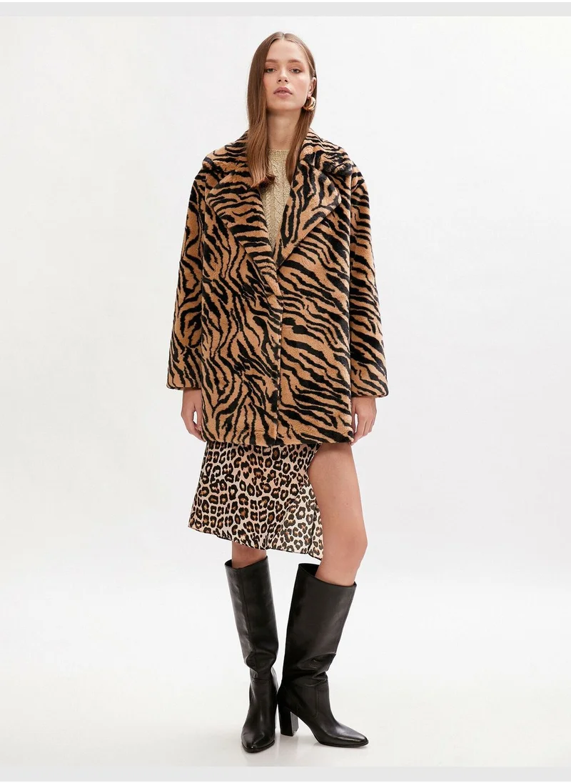 KOTON Zebra Patterned Faux Fur Coat