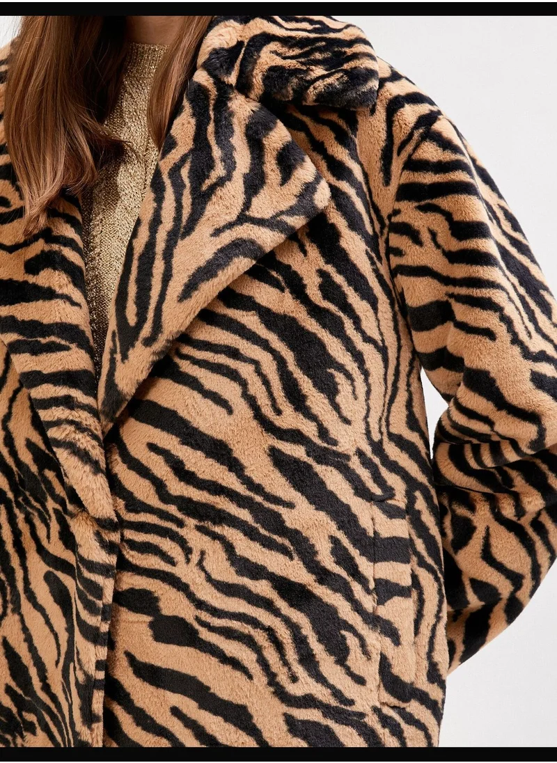 KOTON Zebra Patterned Faux Fur Coat