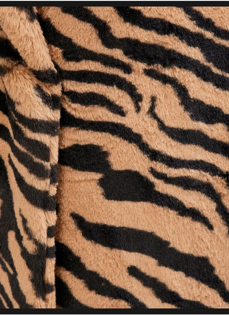 KOTON Zebra Patterned Faux Fur Coat