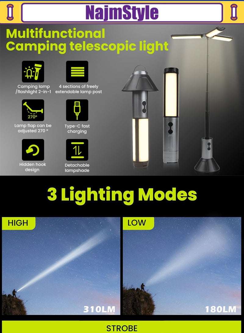 NajmStyle Telescopic Camping Light, 3000mAh Rechargeable Camping Lantern - 2 Dimmable Modes & 3 Flashlight Modes, IPX4 Waterproof, Portable Collapsible Light for Camping, Hiking, Home Emergency - Image 3