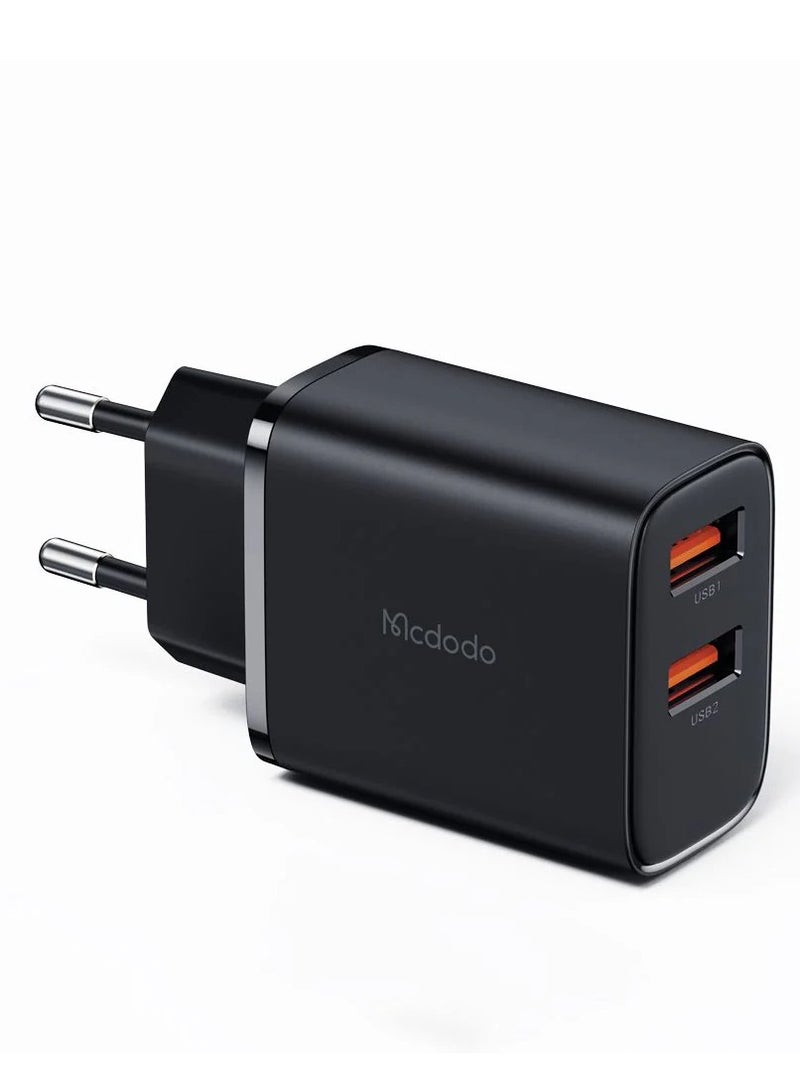 Mcdodo Dual Port 12W Charger CH-507 , 2.4A fast charging per port with intelligent power distribution, safe design with heat and fire resistant materials, supports charging two devices simultaneously safely and low heat, compatible with all iPhone and Android devices and ideal for travel thanks to its support for global voltage 110-240V  - Image 1