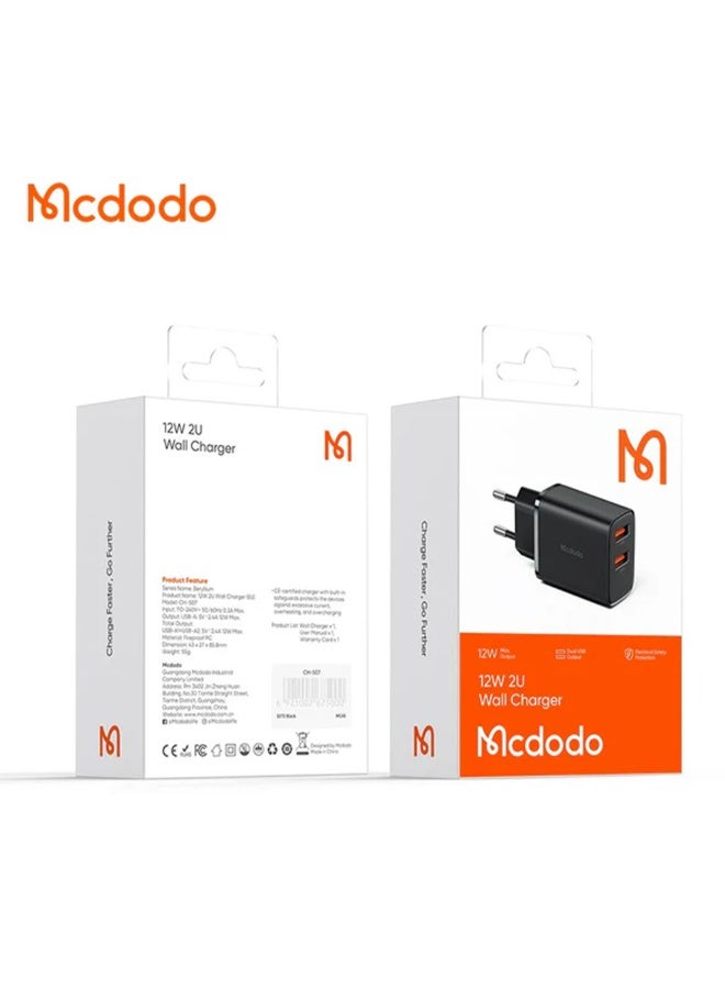 Mcdodo Dual Port 12W Charger CH-507 , 2.4A fast charging per port with intelligent power distribution, safe design with heat and fire resistant materials, supports charging two devices simultaneously safely and low heat, compatible with all iPhone and Android devices and ideal for travel thanks to its support for global voltage 110-240V  - Image 3