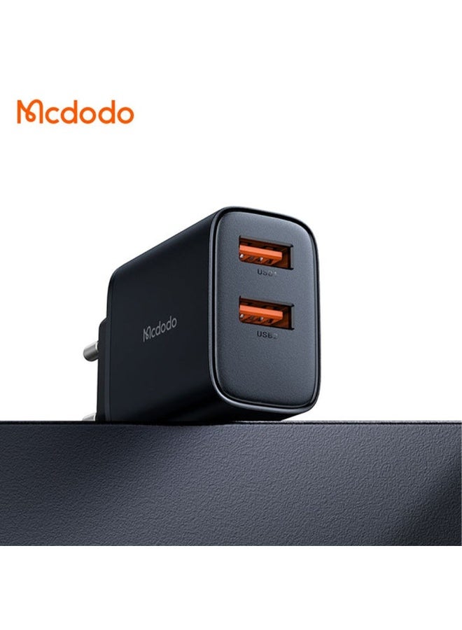 Mcdodo Dual Port 12W Charger CH-507 , 2.4A fast charging per port with intelligent power distribution, safe design with heat and fire resistant materials, supports charging two devices simultaneously safely and low heat, compatible with all iPhone and Android devices and ideal for travel thanks to its support for global voltage 110-240V  - Image 2