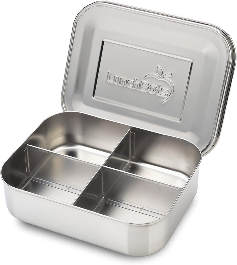 LunchBots Medium Quad Snack Container - Divided Stainless Steel Food Container - Four Sections for Finger Foods On the Go - Eco-Friendly, Dishwasher Safe - Stainless Lid - Stainless Steel - Image 1
