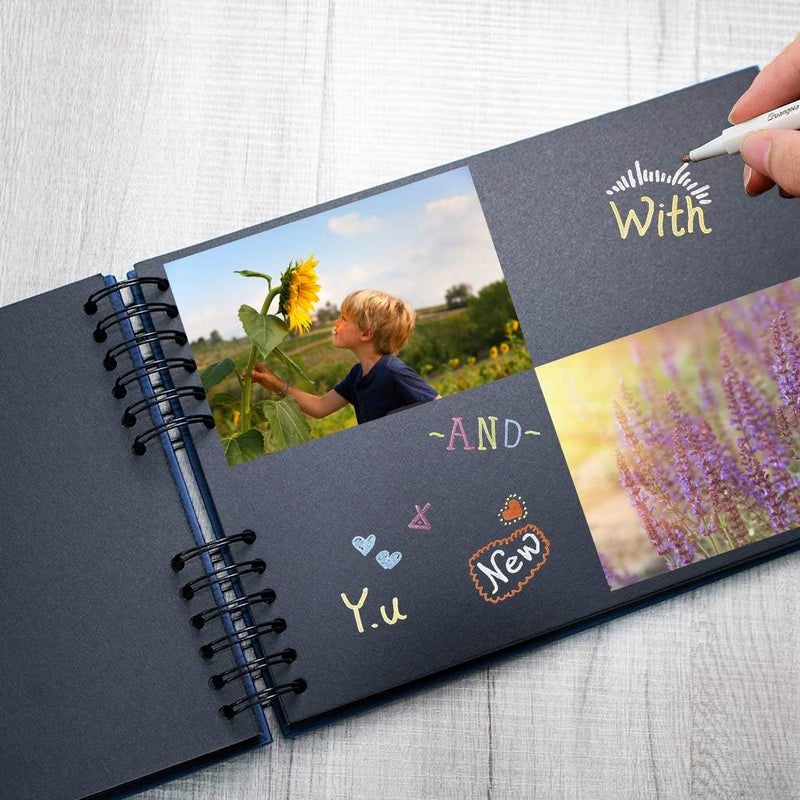 EVNEED Scrapbook Photo Album DIY Scrap Book Black Pages for Wedding Guest Book Anniversary Valentines Day Gifts with 15 Marker Paint Pens,80 Pages,Blue (40 Sheets) - Image 4