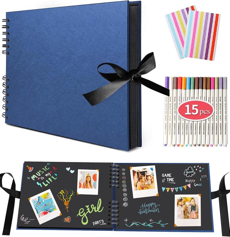 EVNEED Scrapbook Photo Album DIY Scrap Book Black Pages for Wedding Guest Book Anniversary Valentines Day Gifts with 15 Marker Paint Pens,80 Pages,Blue (40 Sheets) - Image 1