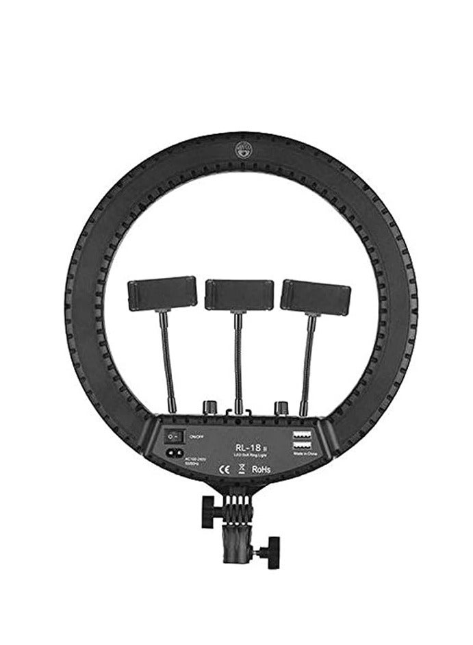 حلقة مضيئة للتصحلقة ضوء سيلفي Rl-18 مقاس 18 بوصة ومصباح تصوير مع 3 صور سيلفي للجوال - أسودوير الفوتوغرافي، لون اسود، موديل RL-18