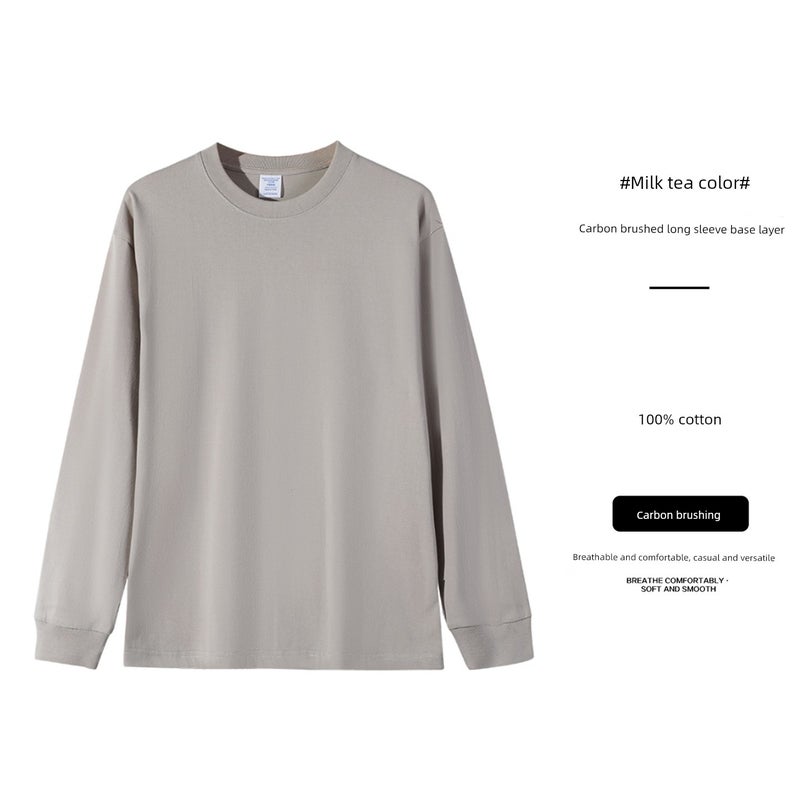 New400g heavyweight pure cotton round-neck three-book needle long-sleeved T-shirt loose men's and women's undershirt - Image 1