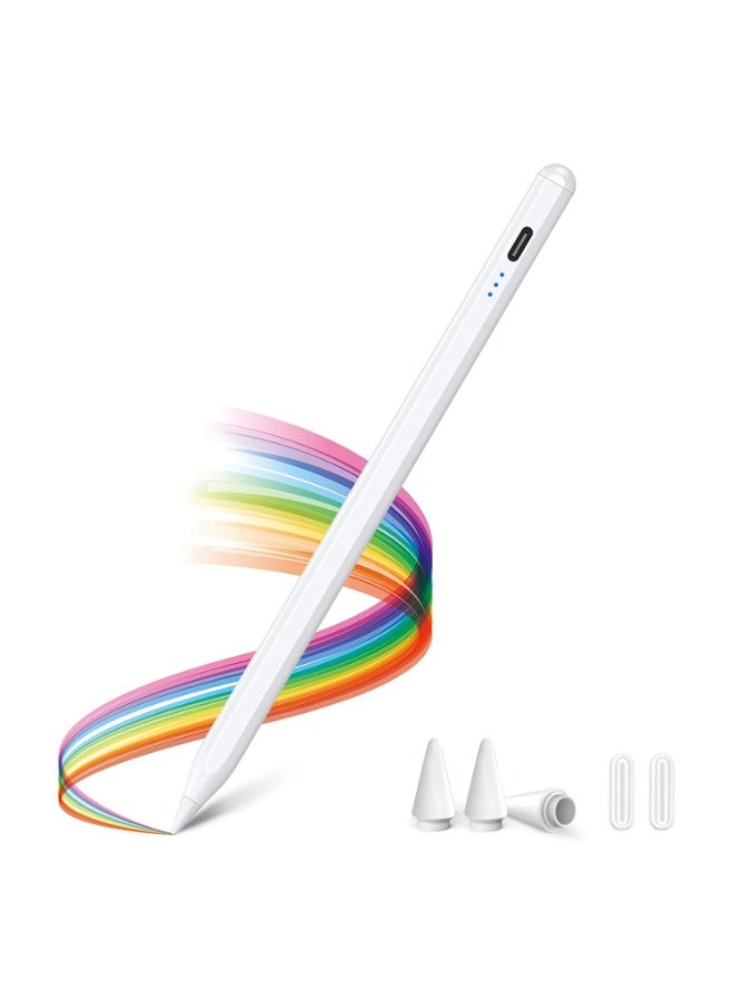 كينجوان قلم لمس مُحسّن، قلم آيباد، دقة وحساسية فائقة، خاصية رفض لمس راحة اليد، يمنع اللمس الخاطئ للتشغيل/الإيقاف، شاشة عرض الطاقة، حساسية الإمالة، امتصاص مغناطيسي لأجهزة آيباد 2018 والإصدارات الأحدث، لون أبيض - Image 1