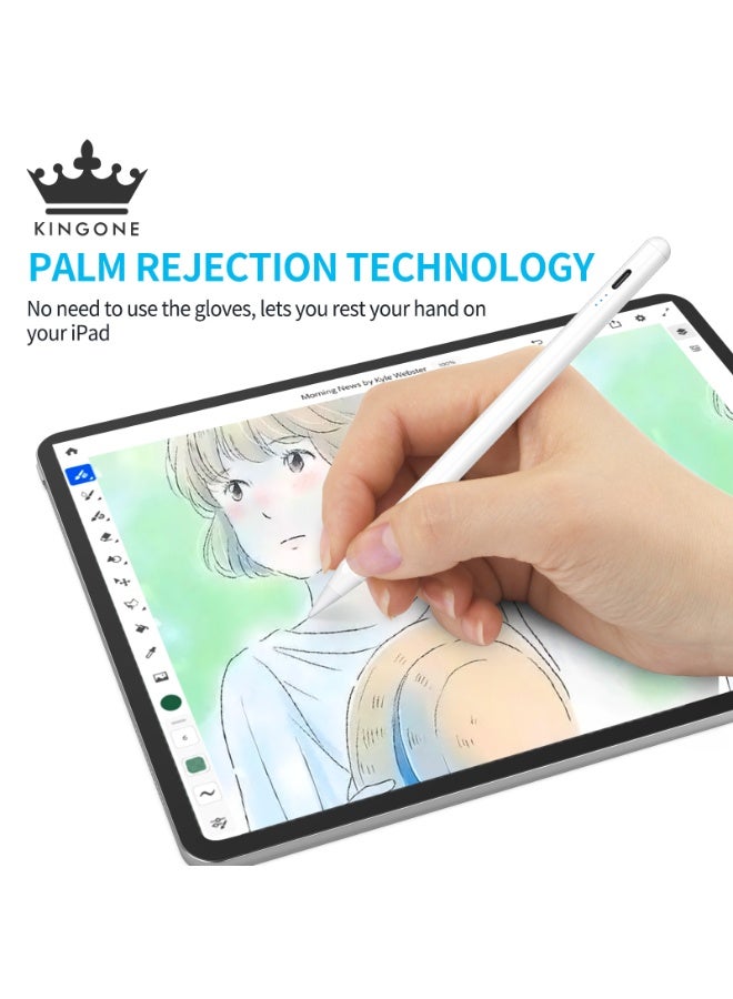 كينجوان قلم لمس مُحسّن، قلم آيباد، دقة وحساسية فائقة، خاصية رفض لمس راحة اليد، يمنع اللمس الخاطئ للتشغيل/الإيقاف، شاشة عرض الطاقة، حساسية الإمالة، امتصاص مغناطيسي لأجهزة آيباد 2018 والإصدارات الأحدث، لون أبيض - Image 2