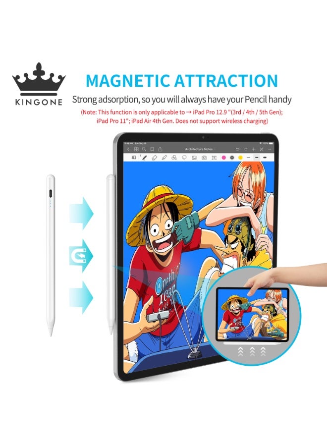 كينجوان قلم لمس مُحسّن، قلم آيباد، دقة وحساسية فائقة، خاصية رفض لمس راحة اليد، يمنع اللمس الخاطئ للتشغيل/الإيقاف، شاشة عرض الطاقة، حساسية الإمالة، امتصاص مغناطيسي لأجهزة آيباد 2018 والإصدارات الأحدث، لون أبيض - Image 4