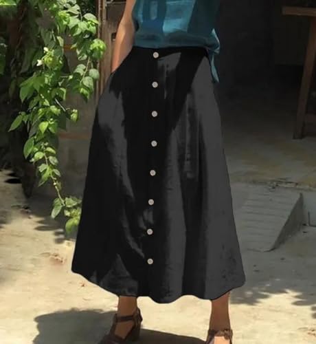 chouyatou Women's High Waisted Button Front Skirt A-Line Pleated Cotton Midi Long Skirt with Pockets (Medium, Black) - Image 2