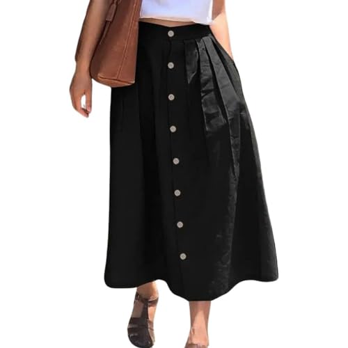 chouyatou Women's High Waisted Button Front Skirt A-Line Pleated Cotton Midi Long Skirt with Pockets (Medium, Black) - Image 5