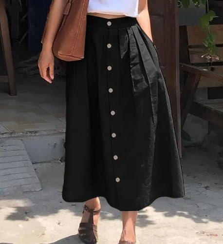 chouyatou Women's High Waisted Button Front Skirt A-Line Pleated Cotton Midi Long Skirt with Pockets (Medium, Black) - Image 3