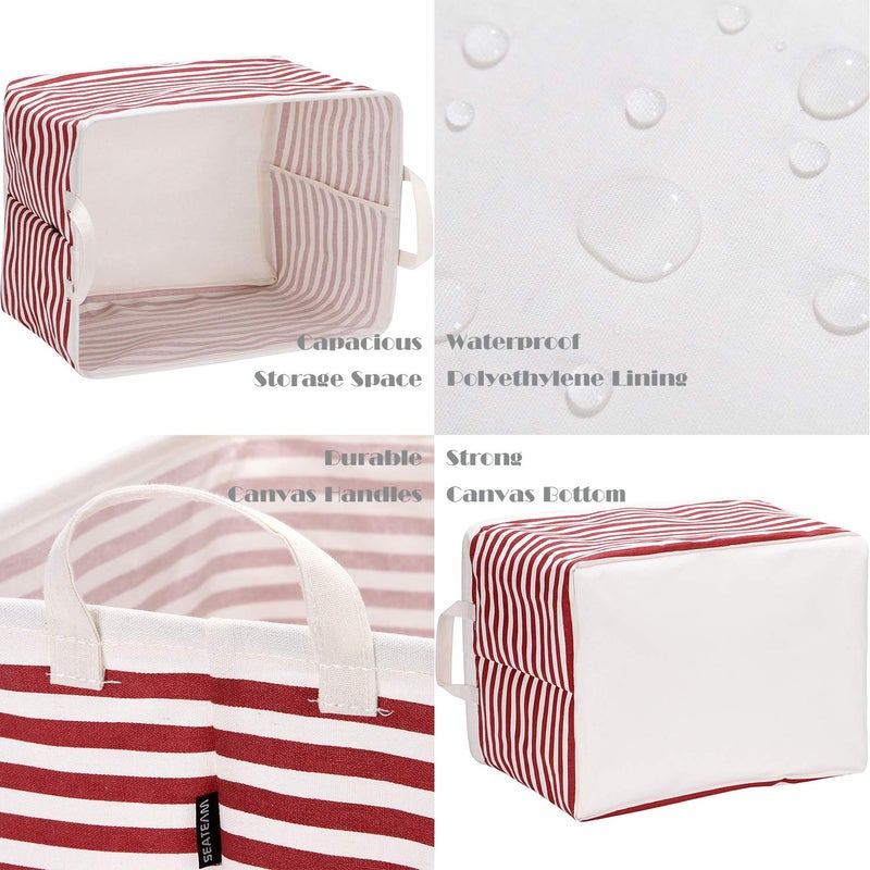 Sea Team Collapsible Canvas Fabric Storage Basket with Handles, Rectangle Waterproof Storage Bin, Box, Cube, Foldable Shelf Basket, Closet Organizer, 16.5 x 11.8 x 9.8 Inches, Red Stripe - Image 5