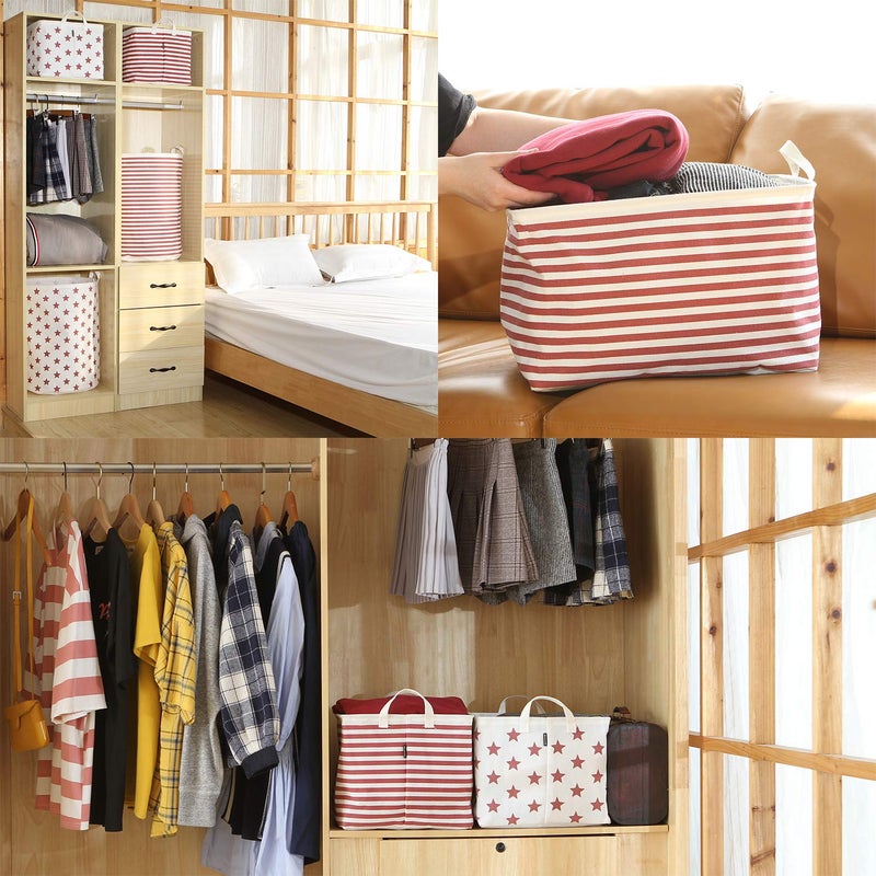 Sea Team Collapsible Canvas Fabric Storage Basket with Handles, Rectangle Waterproof Storage Bin, Box, Cube, Foldable Shelf Basket, Closet Organizer, 16.5 x 11.8 x 9.8 Inches, Red Stripe - Image 4