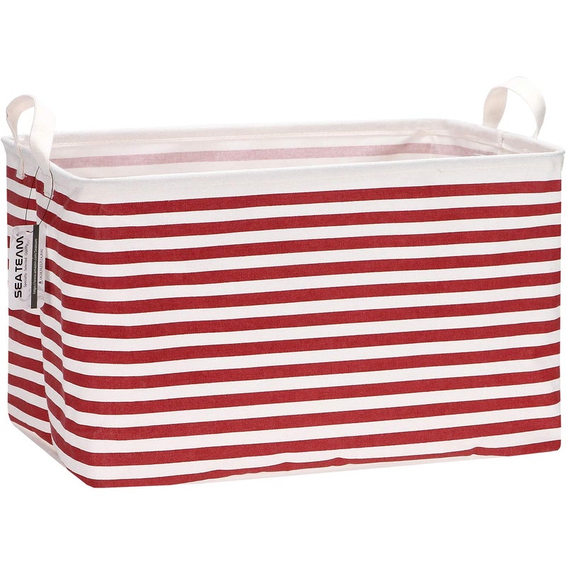 Sea Team Collapsible Canvas Fabric Storage Basket with Handles, Rectangle Waterproof Storage Bin, Box, Cube, Foldable Shelf Basket, Closet Organizer, 16.5 x 11.8 x 9.8 Inches, Red Stripe - Image 1