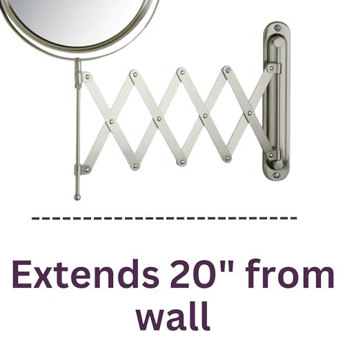 JERDON Two-Sided Wall-Mounted Makeup Mirror - Makeup Mirror with 7X Magnification & Extendable Arm - 8-inch Diameter Mirror with Nickel Finish Wall Mount - Model JP2027N - Image 4