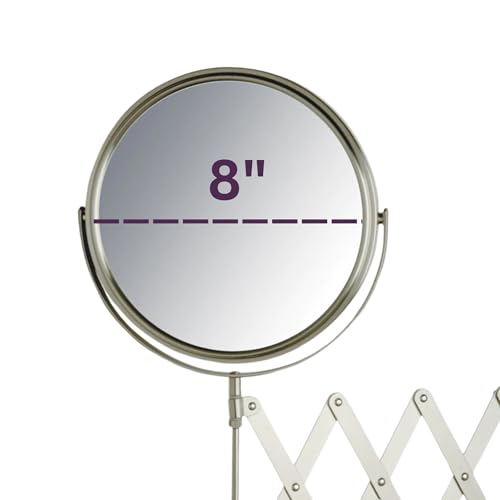 JERDON Two-Sided Wall-Mounted Makeup Mirror - Makeup Mirror with 7X Magnification & Extendable Arm - 8-inch Diameter Mirror with Nickel Finish Wall Mount - Model JP2027N - Image 2
