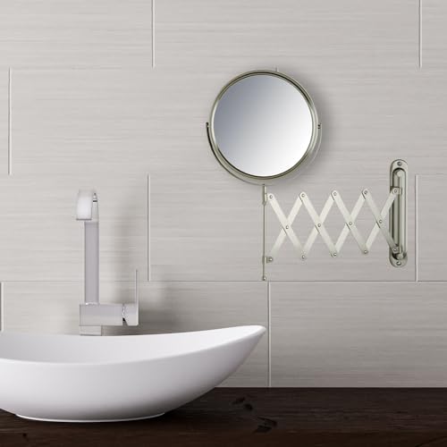 JERDON Two-Sided Wall-Mounted Makeup Mirror - Makeup Mirror with 7X Magnification & Extendable Arm - 8-inch Diameter Mirror with Nickel Finish Wall Mount - Model JP2027N - Image 5