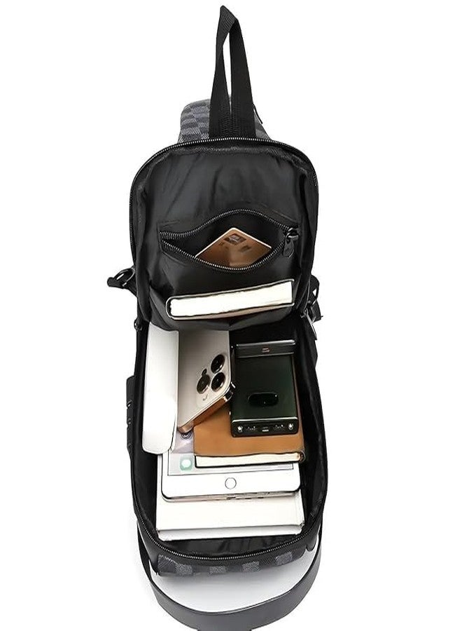 NANIAAY Checkered Anti-Theft Sling Bag with USB Charging Port | Water-Resistant Crossbody Chest Backpack with Password Lock for Men & Women - Image 5