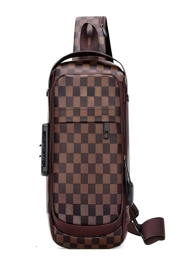 NANIAAY Checkered Anti-Theft Sling Bag with USB Charging Port | Water-Resistant Crossbody Chest Backpack with Password Lock for Men & Women - Image 1