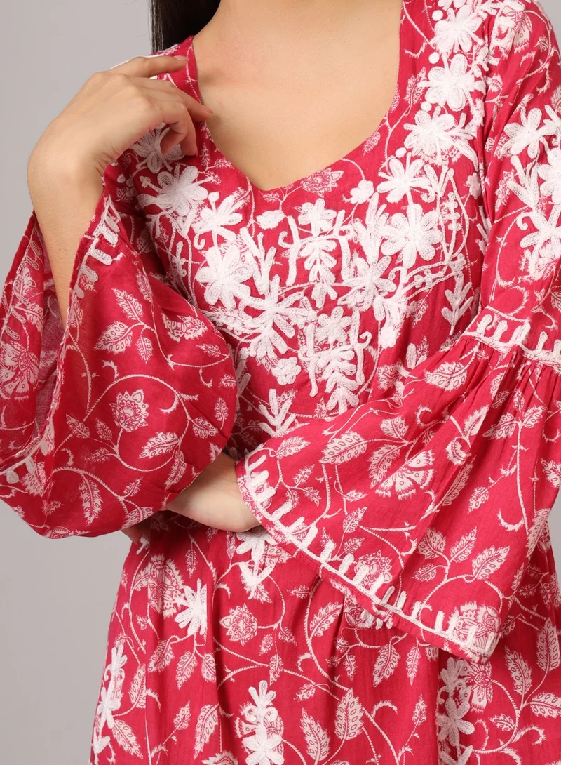 Alaya Hand Embroidered Chikankari A-Line Gathering Pattern Mulmul Cotton Jalabiya-AL3673