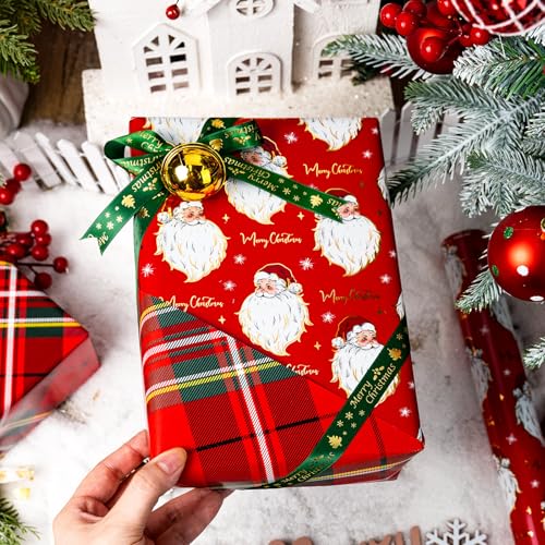 Yarcony Red Christmas Wrapping Paper Roll, Santa Wrapping Paper, Retro Classic Red Santa Claus, Stewart Tartan Plaid Christmas Gift Wrap Sheets for Winter Holiday, Festive Decor (17 Inch X 33 Feet) - Image 4