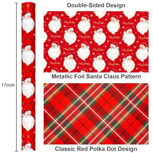 Yarcony Red Christmas Wrapping Paper Roll, Santa Wrapping Paper, Retro Classic Red Santa Claus, Stewart Tartan Plaid Christmas Gift Wrap Sheets for Winter Holiday, Festive Decor (17 Inch X 33 Feet) - Image 3