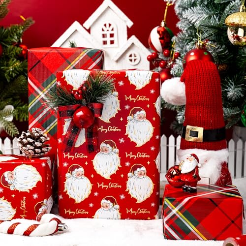Yarcony Red Christmas Wrapping Paper Roll, Santa Wrapping Paper, Retro Classic Red Santa Claus, Stewart Tartan Plaid Christmas Gift Wrap Sheets for Winter Holiday, Festive Decor (17 Inch X 33 Feet) - Image 5