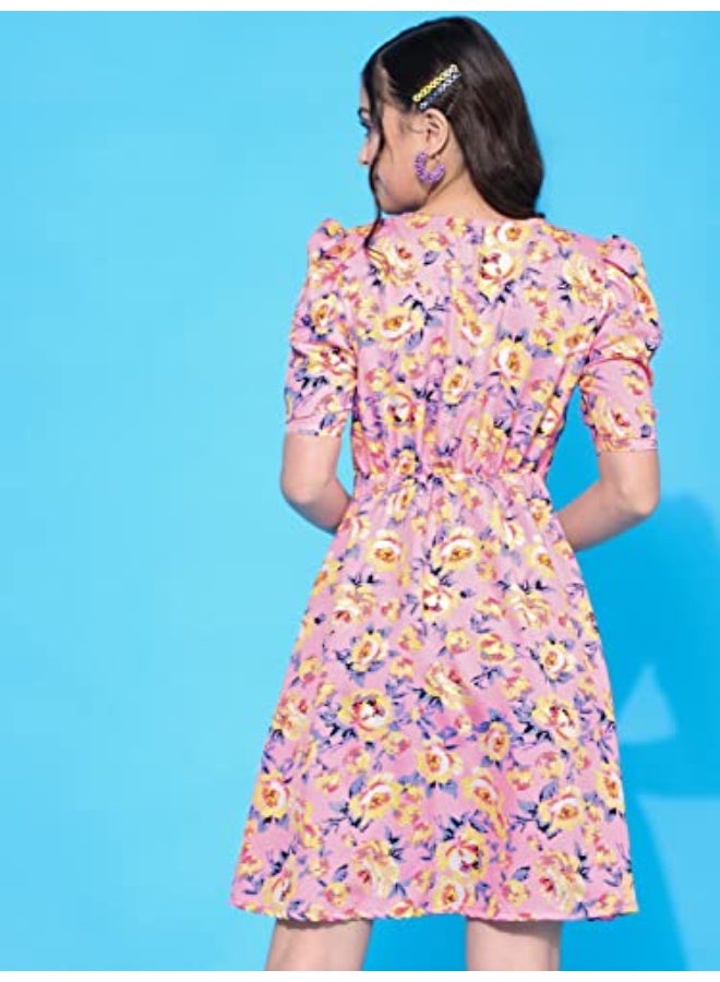 Oomph! فستان وردي قصير من قماش الكريب، بياقة دائرية وأكمام منفوخة، بتصميم رائع! - md619l - Image 5