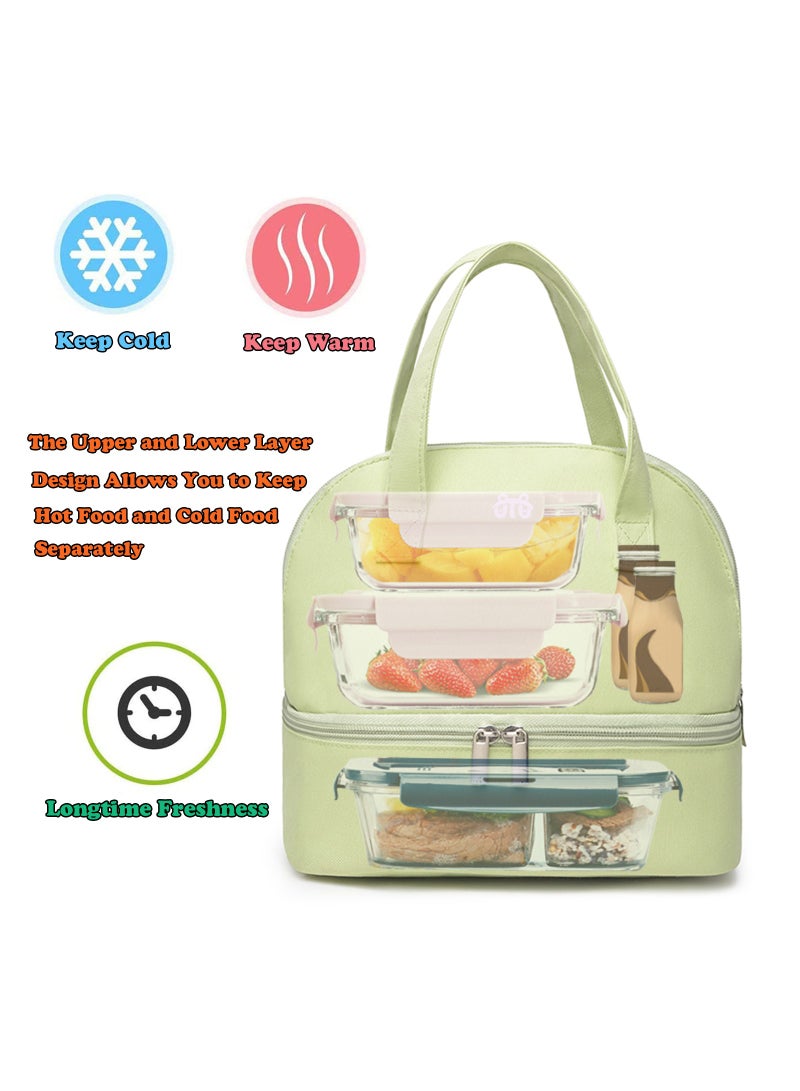 Green Insulated Lunch Bag Double Deck Simple Bento Cooler Bag Leakproof Lunch Tote Bag for Lunch Box for Women Men Adult Picnic Working Hiking Beach  - Image 2