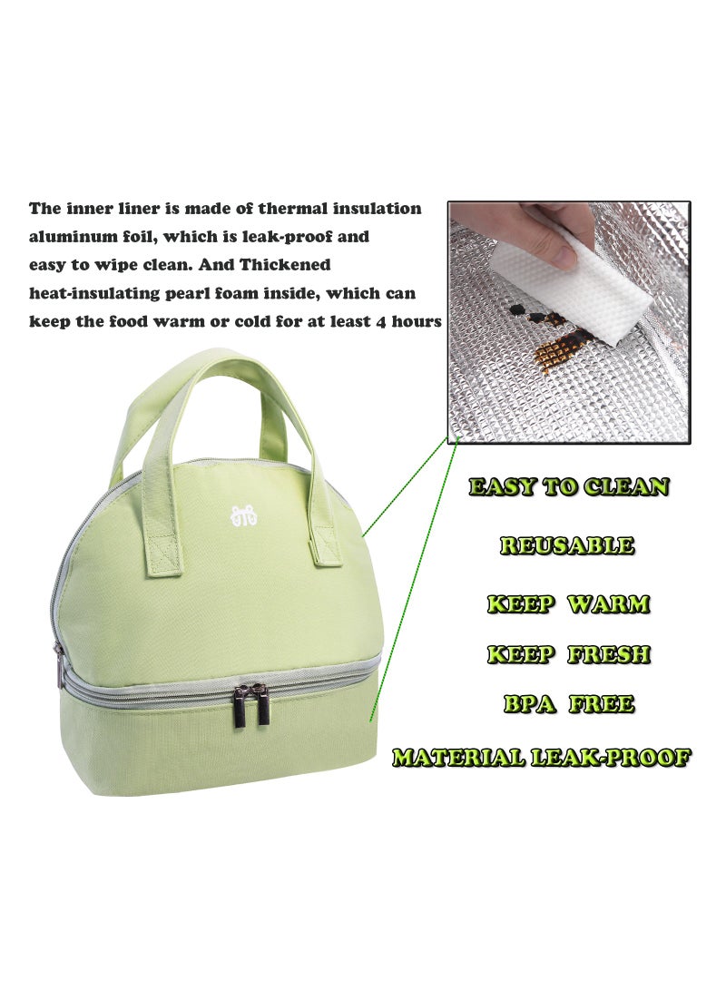 Green Insulated Lunch Bag Double Deck Simple Bento Cooler Bag Leakproof Lunch Tote Bag for Lunch Box for Women Men Adult Picnic Working Hiking Beach  - Image 3