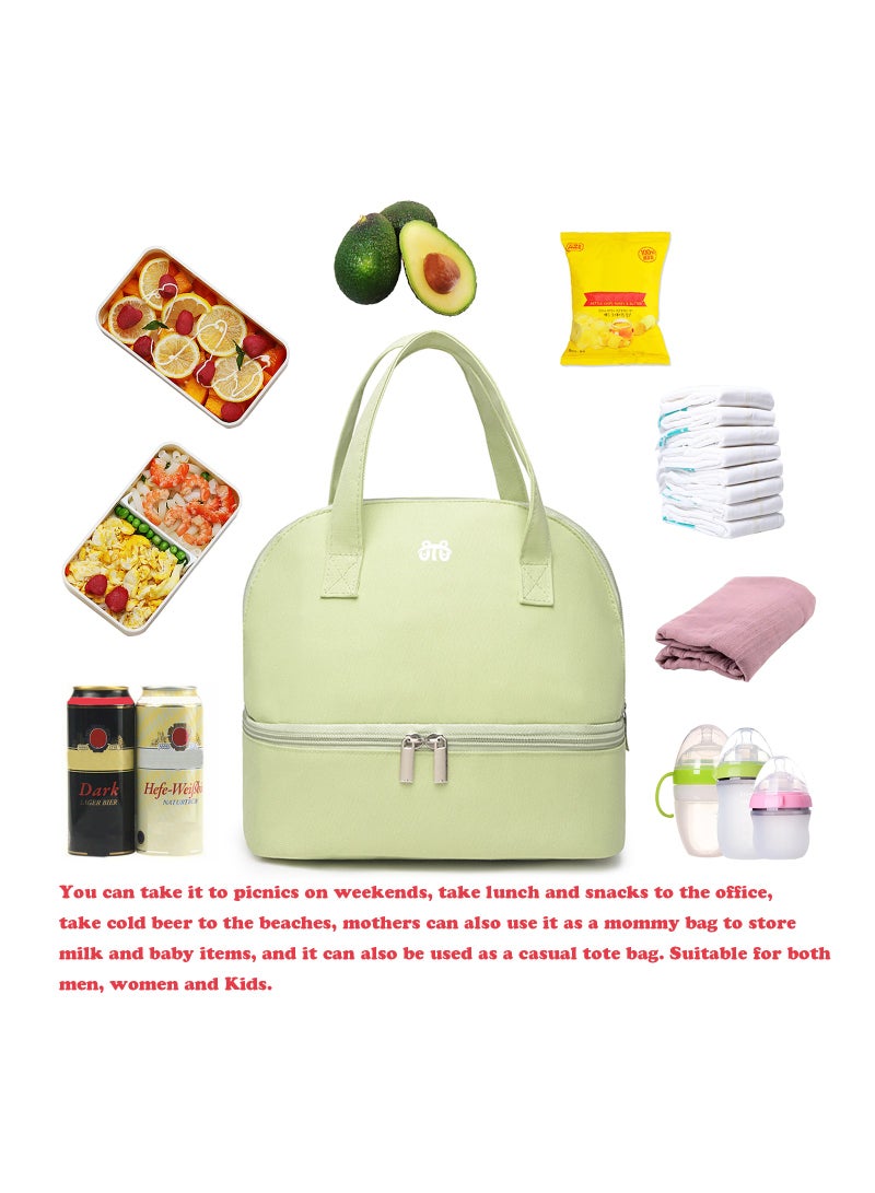 Green Insulated Lunch Bag Double Deck Simple Bento Cooler Bag Leakproof Lunch Tote Bag for Lunch Box for Women Men Adult Picnic Working Hiking Beach  - Image 4